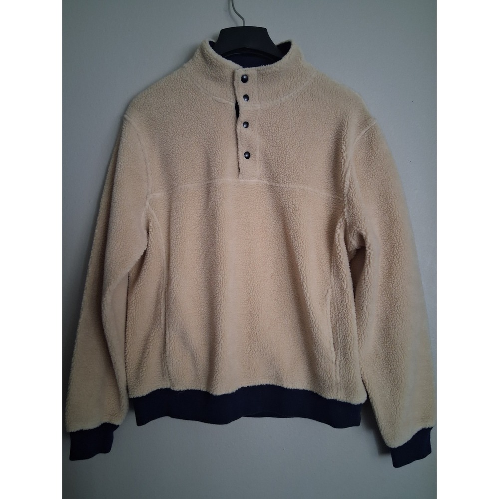 J.Crew Authentic Fleece Sherpa Pullover Cream Navy Blue Snap Mock Neck Mens L